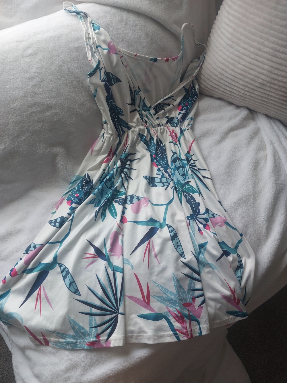 Tropical-Print Midi Sundress with Teal & Pink Accents M/L